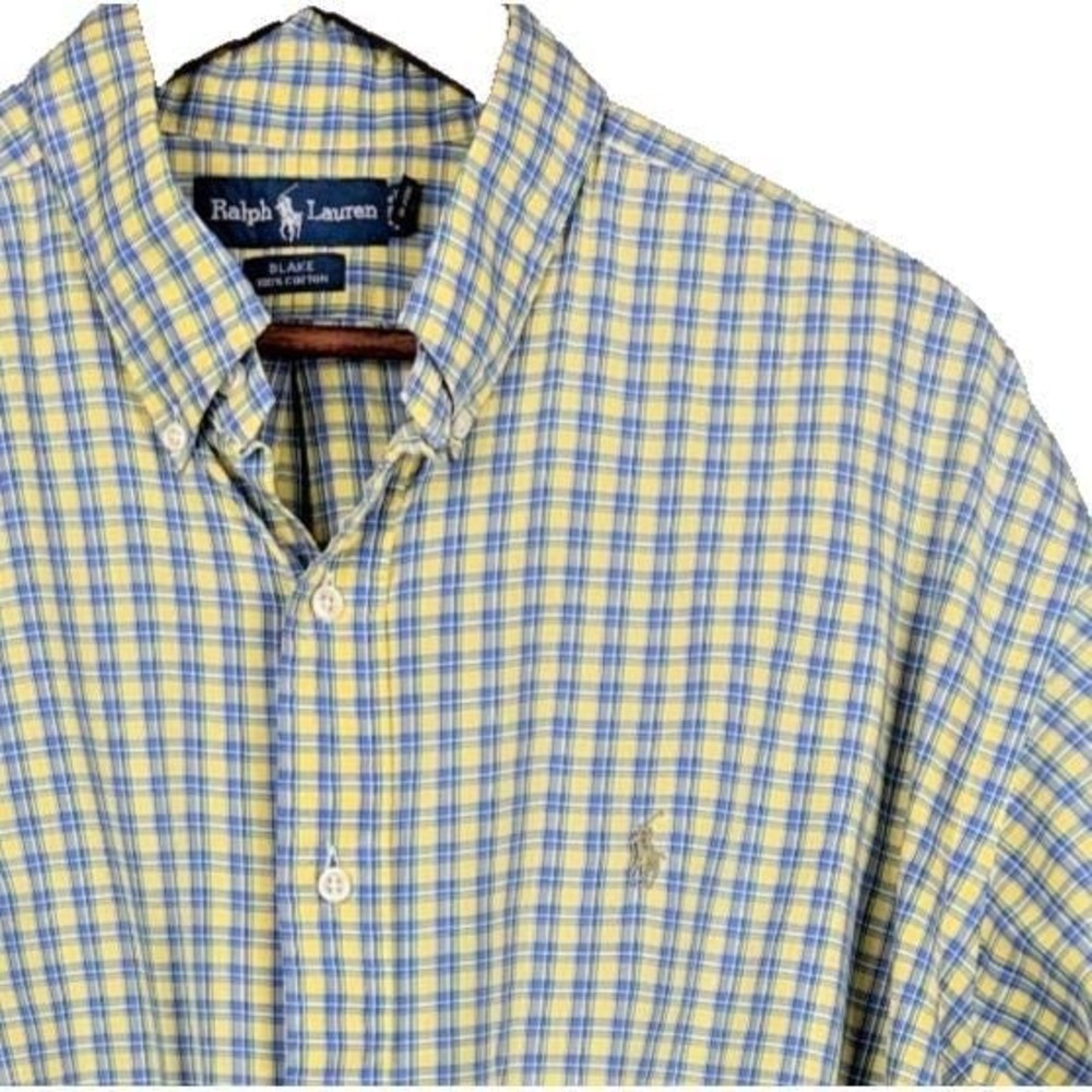 Vintage 90s Ralph Lauren Blake Shirt Mens XL Yellow Blue Plaid Short Sleeve - Picture 1 of 9
